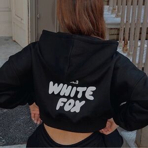 White Fox Boutique Black Cropped Hoodie with White Logo